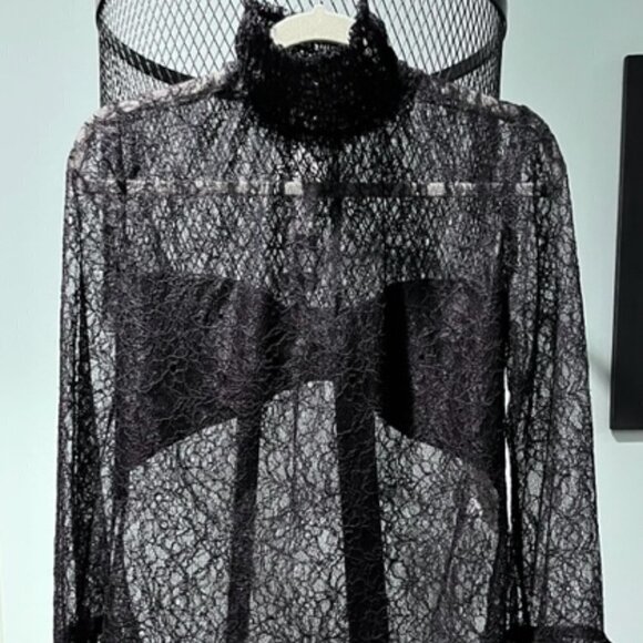 ZARA NWOT Black Lace Bohemian Sheer Flare Long Sleeve High Neck Top Size Medium - Picture 12 of 14
